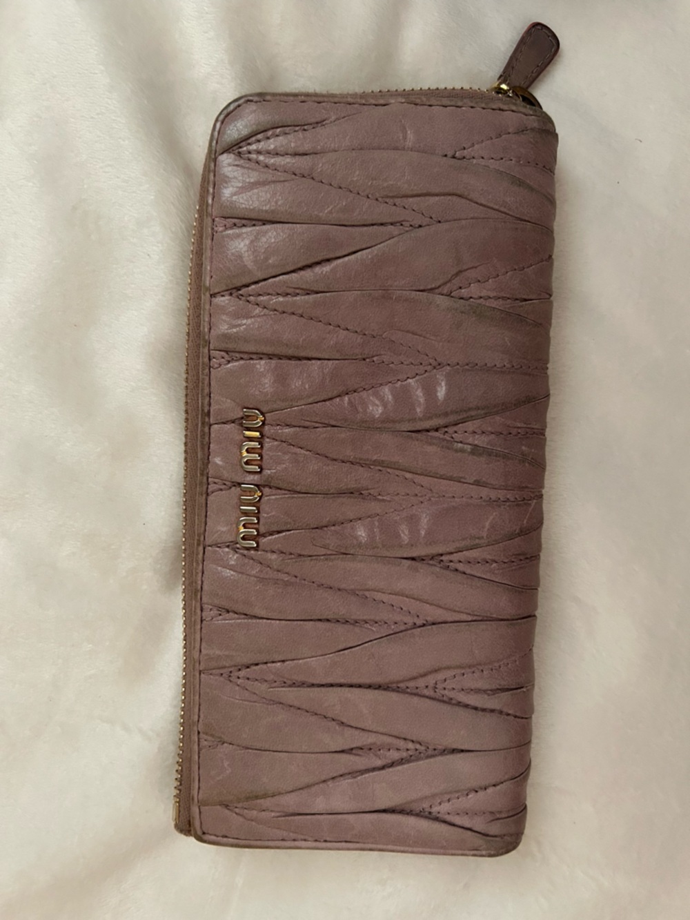 Miu Miu Dusty Rose Matelassé Leather Zip Wallet with Gold Logo